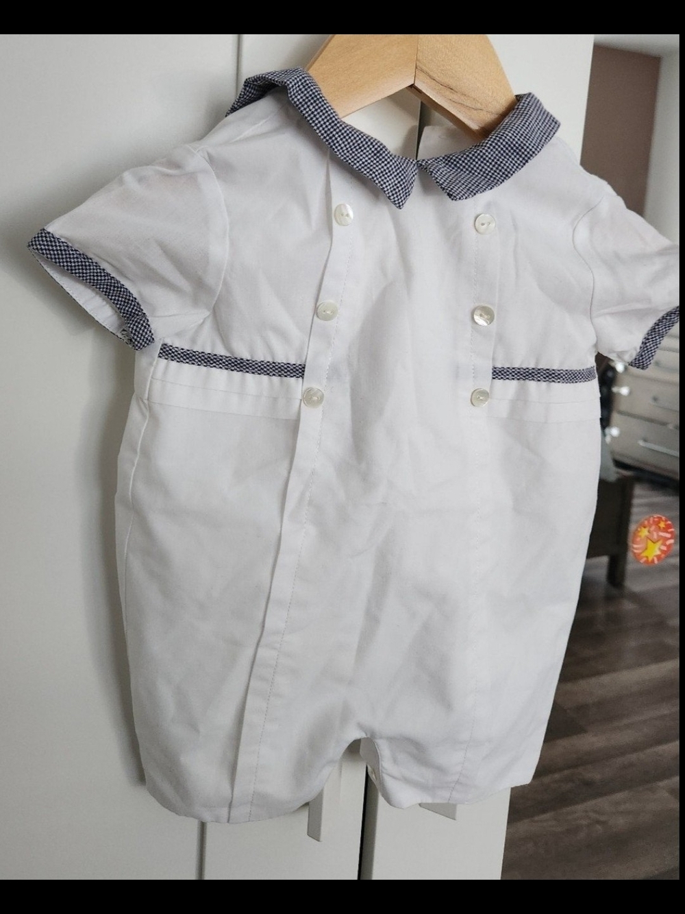 Classic White Baby One-Piece with Navy Gingham Trim